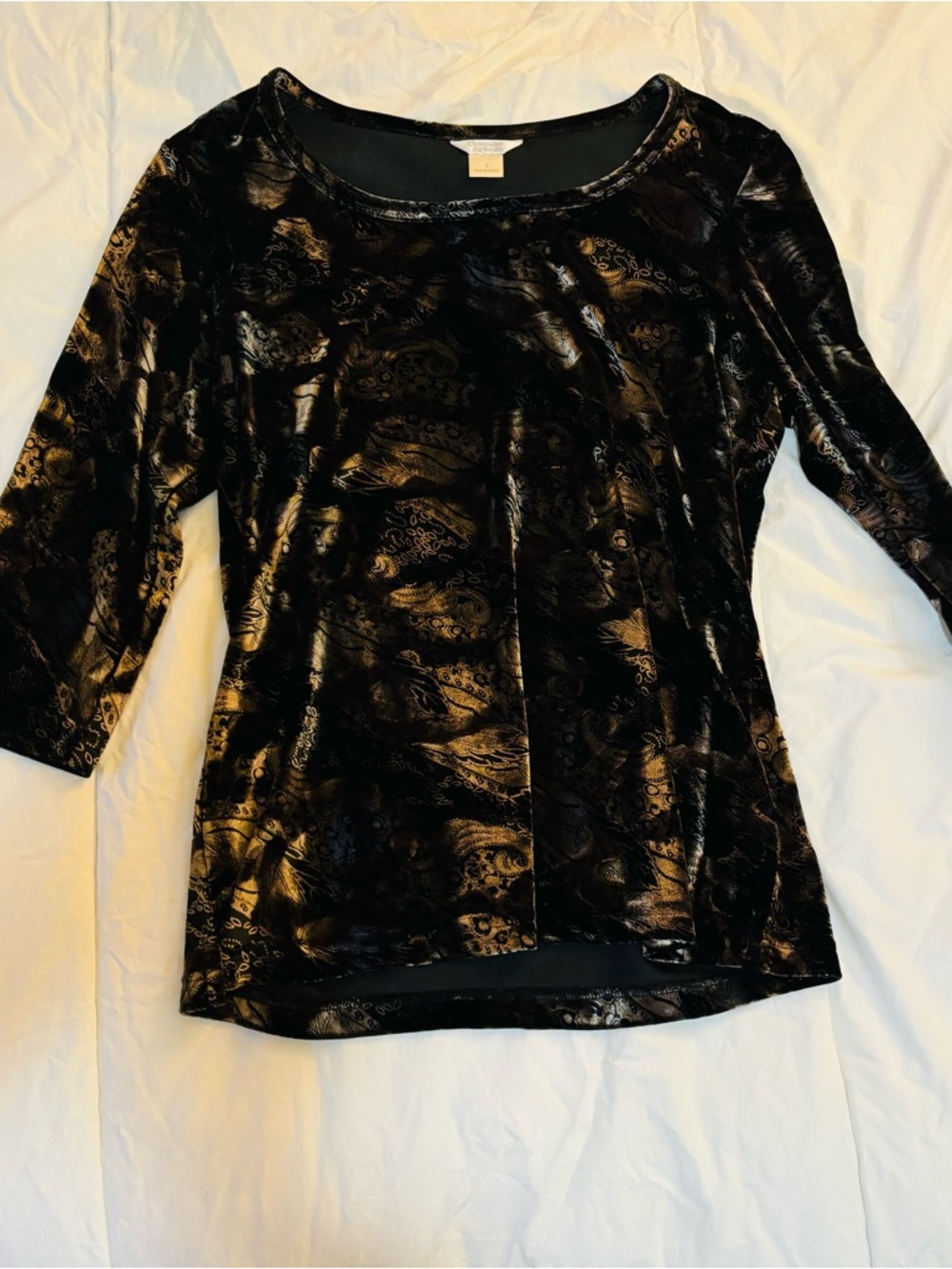 Christopher & Banks Black silver and Gold Patterned Blouse velvet